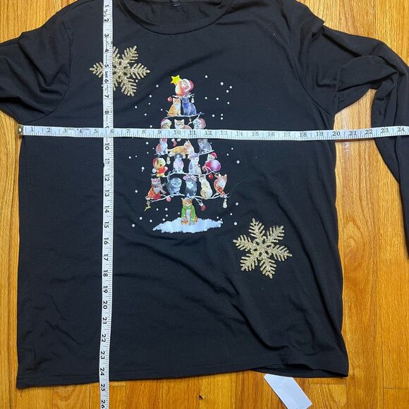 NoraCora Holiday Christmas Tree Cat Print Black Top T-Shirt M Gold snowflakes - Picture 4 of 10